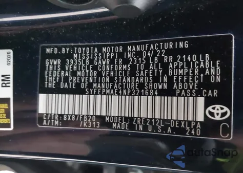 2022 Toyota Corolla Le z USA, uszkodzony, nr VIN 5YFEPMAE4NP321684